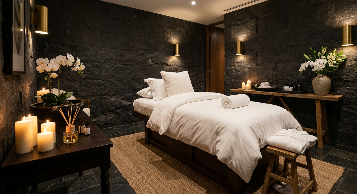 Phòng trị liệu spa với đá tối màu và ánh đèn đồng