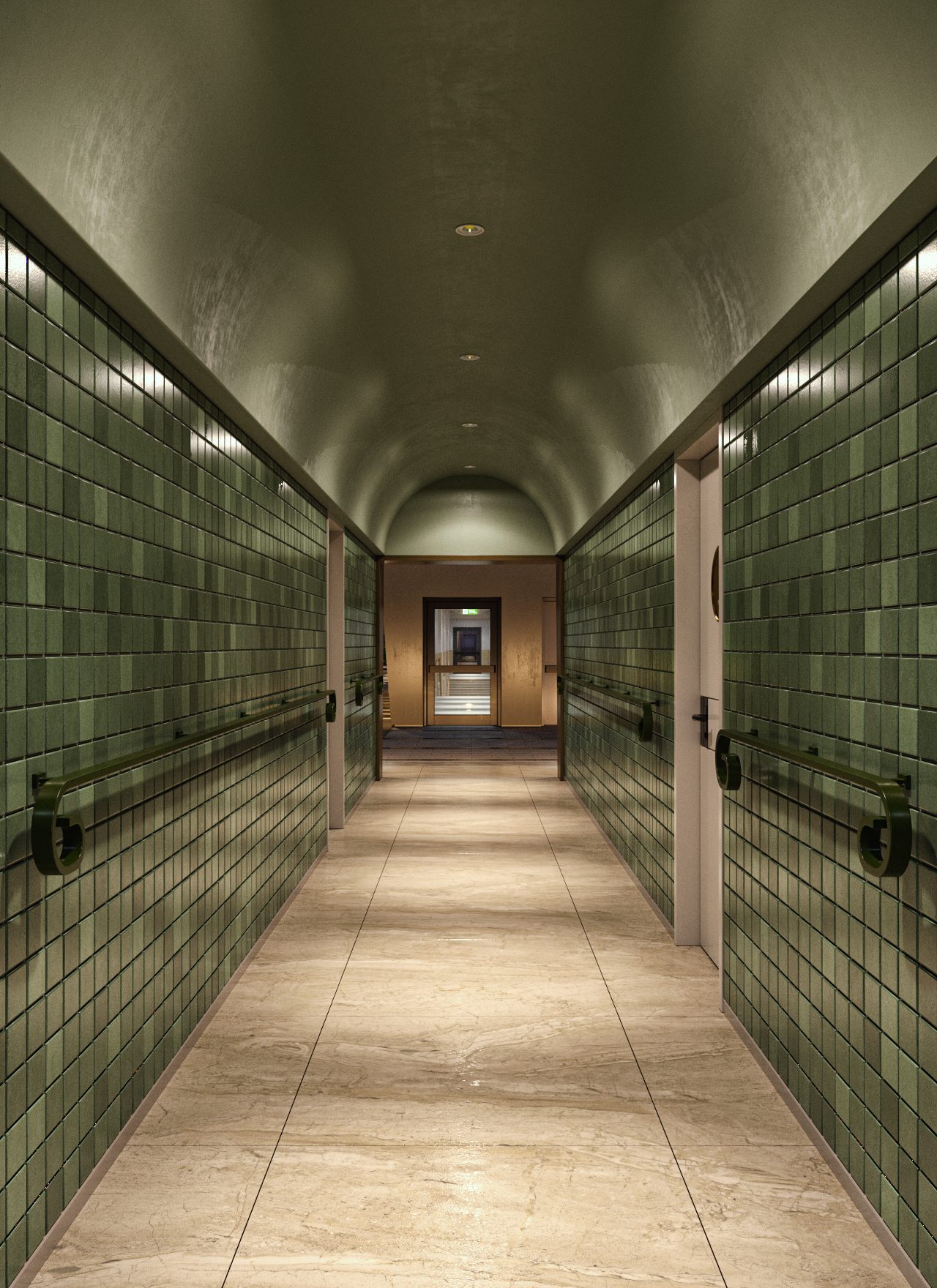 Hành lang ốp gạch mosaic xanh rêu với trần vòm và sàn đá