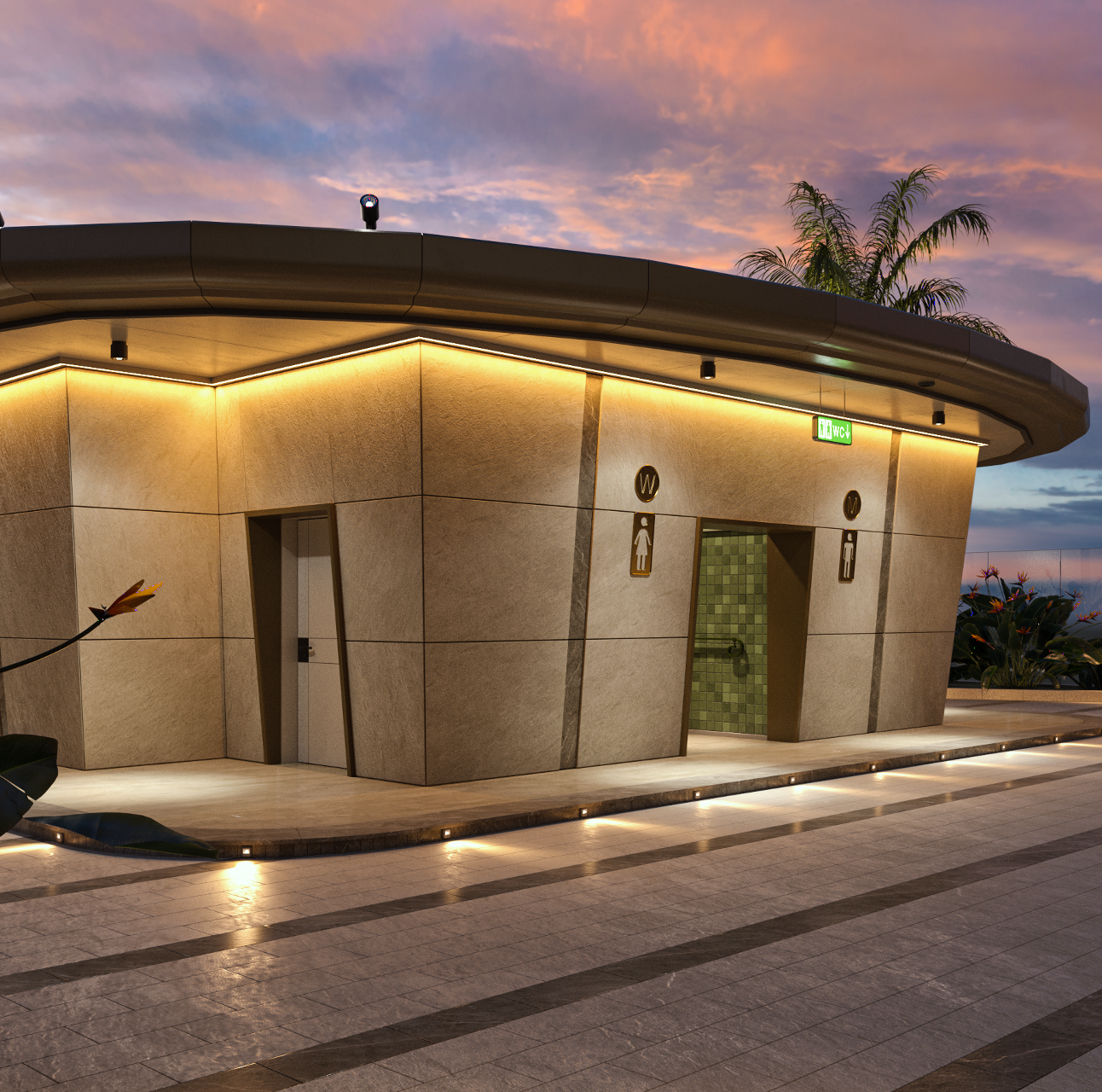 Pavilion thay đồ và vệ sinh với ánh đèn hắt ấm áp